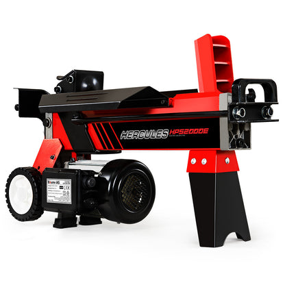 A red and black Tradie's Mate BAUMR-AG 6 Ton Electric Log Splitter 6T Hydraulic Firewood Wood Timber Block Cutter Small Machine is shown. It includes an electric motor, control lever, and log retaining plates. One side features two wheels for easy mobility. The background is plain white.