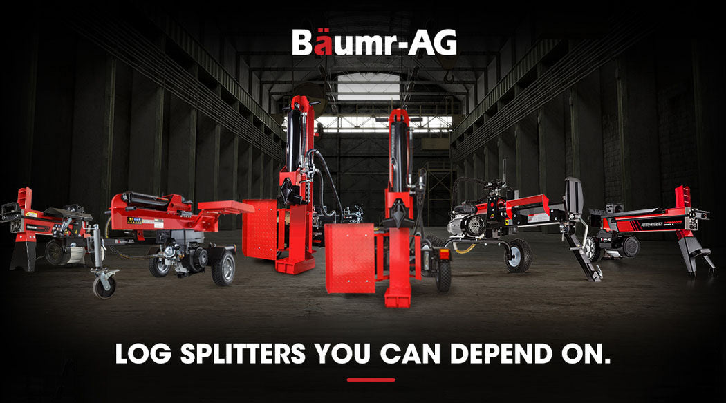 A red and black Tradie's Mate BAUMR-AG 6 Ton Electric Log Splitter 6T Hydraulic Firewood Wood Timber Block Cutter Small Machine is shown. It includes an electric motor, control lever, and log retaining plates. One side features two wheels for easy mobility. The background is plain white.