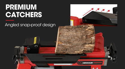 A red and black Tradie's Mate BAUMR-AG 6 Ton Electric Log Splitter 6T Hydraulic Firewood Wood Timber Block Cutter Small Machine is shown. It includes an electric motor, control lever, and log retaining plates. One side features two wheels for easy mobility. The background is plain white.