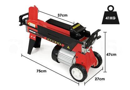 A red and black Tradie's Mate BAUMR-AG 6 Ton Electric Log Splitter 6T Hydraulic Firewood Wood Timber Block Cutter Small Machine is shown. It includes an electric motor, control lever, and log retaining plates. One side features two wheels for easy mobility. The background is plain white.