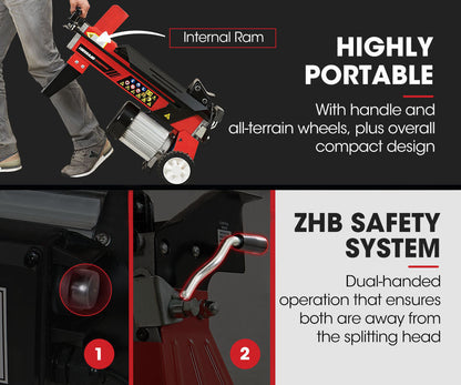 A red and black Tradie's Mate BAUMR-AG 6 Ton Electric Log Splitter 6T Hydraulic Firewood Wood Timber Block Cutter Small Machine is shown. It includes an electric motor, control lever, and log retaining plates. One side features two wheels for easy mobility. The background is plain white.