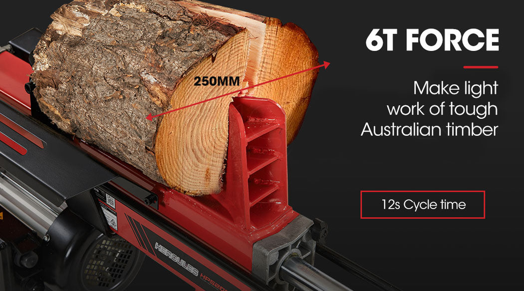 A red and black Tradie's Mate BAUMR-AG 6 Ton Electric Log Splitter 6T Hydraulic Firewood Wood Timber Block Cutter Small Machine is shown. It includes an electric motor, control lever, and log retaining plates. One side features two wheels for easy mobility. The background is plain white.