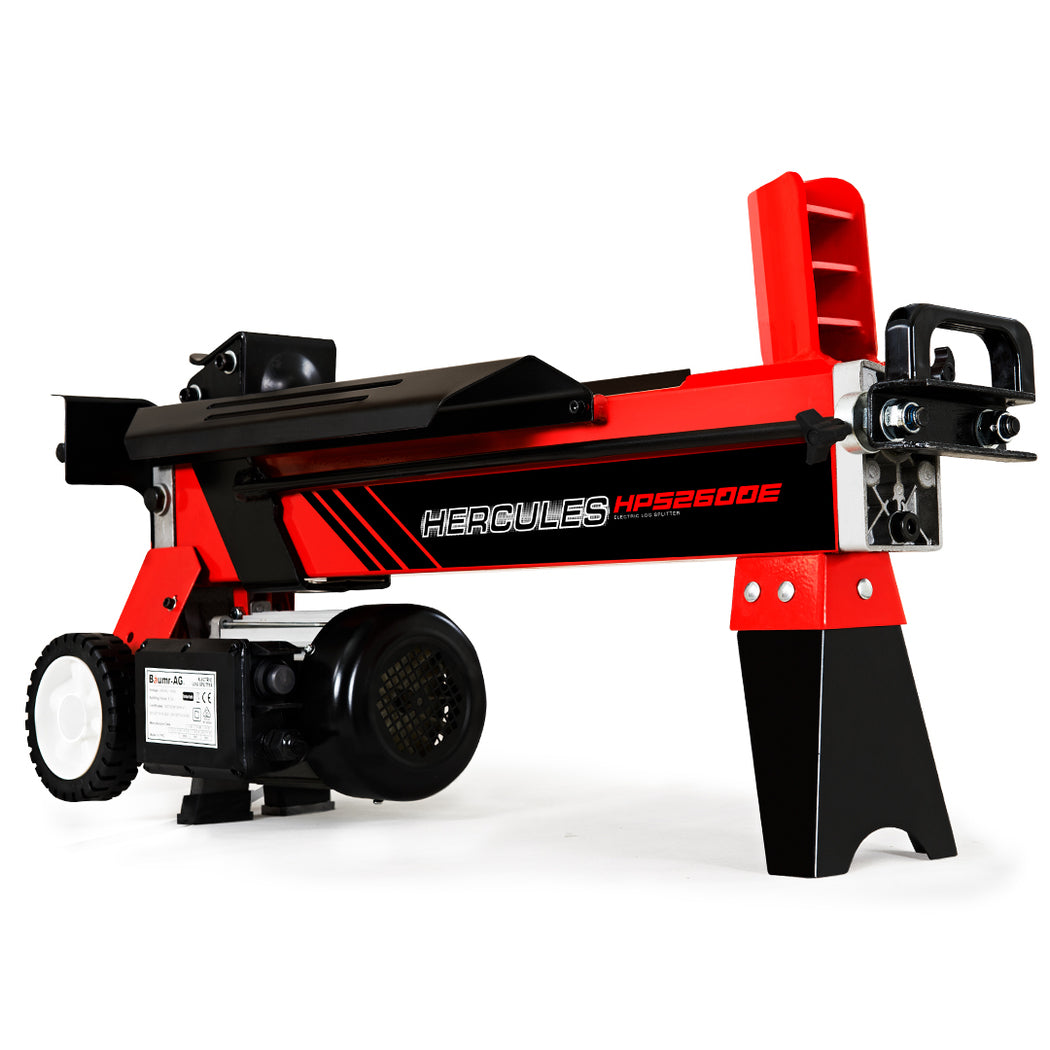 Electric log splitter with red and black components, labeled "Baumr-AG 8 Ton Electric Log Splitter 8T Wood Cutter Hydraulic Fire Wood Block Axe Small Machine" from the Hercules Series. This 8 Tonne Log Splitter features a motor at the base, a splitting wedge on top, and a handle for portability. The design includes wheels for easy movement.