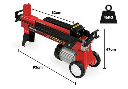 A red and black 9-tonne log splitter from the Baumr-AG 9 Ton Electric Log Splitter 9T Wood Cutter Hydraulic Fire Wood Block Axe Small Machine series features a sturdy metal frame. This electric log splitter has a powerful motor and wheels on one end, with a splitting wedge and safety guard on the other. The model number "HPS2900E" is visible on the side.