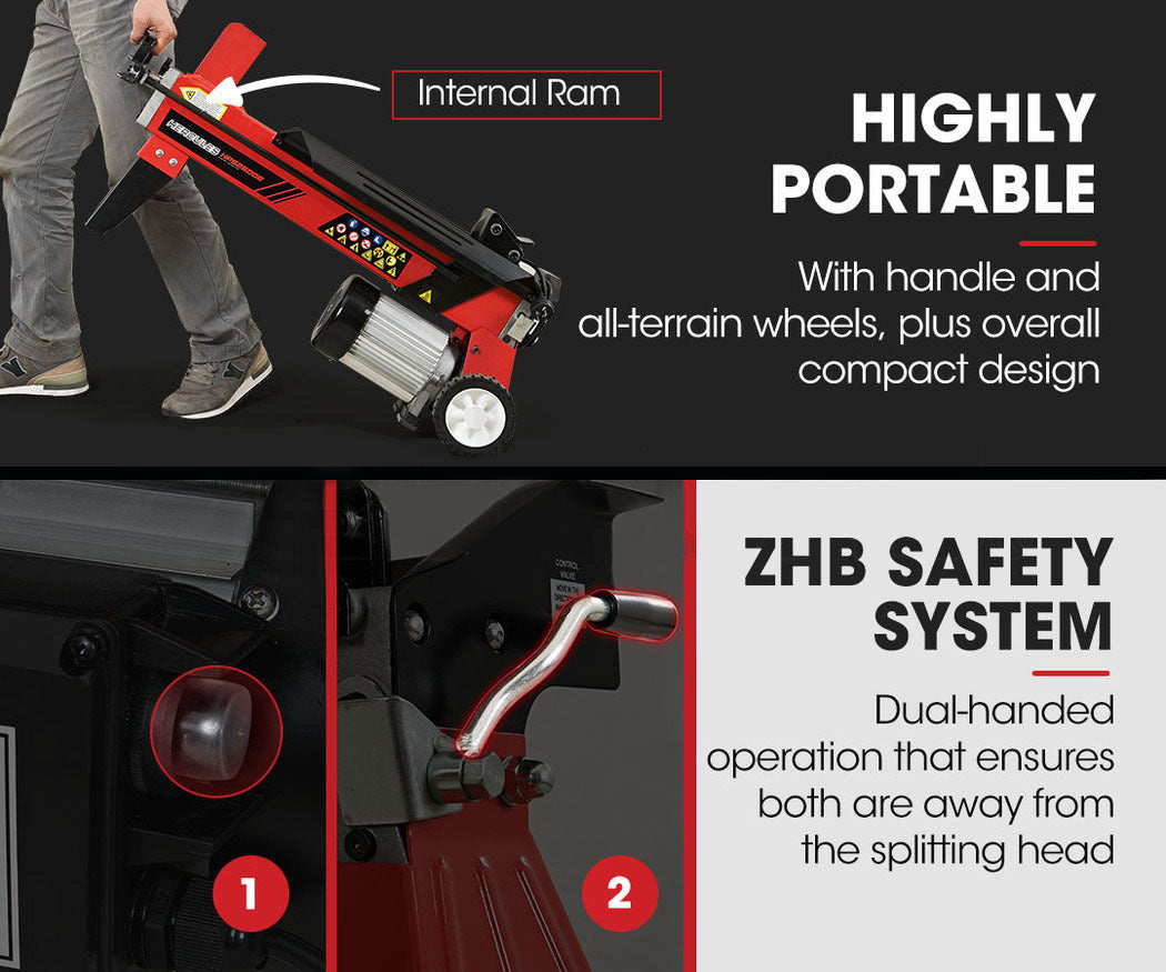 A red and black 9-tonne log splitter from the Baumr-AG 9 Ton Electric Log Splitter 9T Wood Cutter Hydraulic Fire Wood Block Axe Small Machine series features a sturdy metal frame. This electric log splitter has a powerful motor and wheels on one end, with a splitting wedge and safety guard on the other. The model number "HPS2900E" is visible on the side.