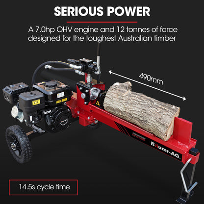 A red Baumr-AG 12 Tonne Petrol Hydraulic Wood Log Splitter - HPS400 is shown. The machine, equipped with a powerful 4-stroke engine, is mounted on two black wheels for mobility, with a control lever and tank. The splitting wedge is positioned at the front end, ready for use.