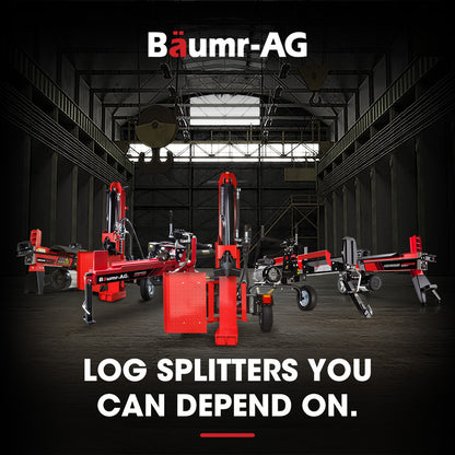 A red Baumr-AG 12 Tonne Petrol Hydraulic Wood Log Splitter - HPS400 is shown. The machine, equipped with a powerful 4-stroke engine, is mounted on two black wheels for mobility, with a control lever and tank. The splitting wedge is positioned at the front end, ready for use.