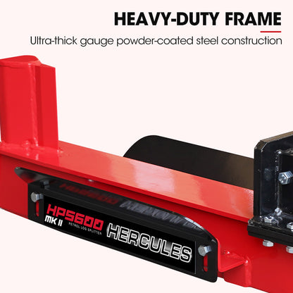 A red Tradie's Mate Baumr-AG 20 Tonne Hydraulic Petrol Log Splitter 8HP Towed Wood Firewood Cutter - HPS600 boasts a powerful 20 tonnes splitting force with two black wheels, a black engine on top, a lever for operation, and a sturdy metal frame. The splitter features an extended red arm for loading logs and a black handle for maneuverability.