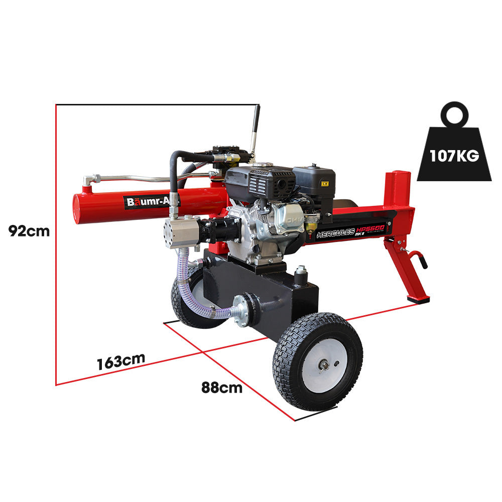 A red Tradie's Mate Baumr-AG 20 Tonne Hydraulic Petrol Log Splitter 8HP Towed Wood Firewood Cutter - HPS600 boasts a powerful 20 tonnes splitting force with two black wheels, a black engine on top, a lever for operation, and a sturdy metal frame. The splitter features an extended red arm for loading logs and a black handle for maneuverability.