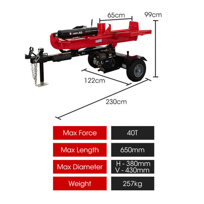 Image of a vertical hydraulic log splitter, the Baumr-AG 40 Tonne Petrol Hydraulic Horizontal and Vertical Towed Wood Log Splitter - HPS700. The machine is primarily red and black with a prominent hydraulic cylinder and a protective cage. Featuring a 40-tonne RAM splitting force, it has two wheels and a hitch for towing. Designed to split logs efficiently for firewood or other uses.