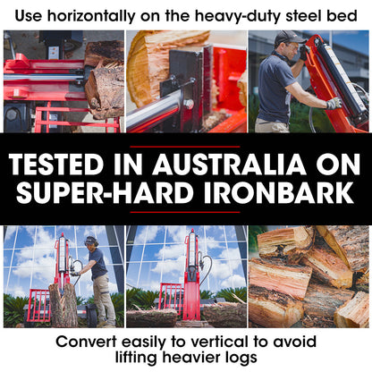 Image of a vertical hydraulic log splitter, the Baumr-AG 40 Tonne Petrol Hydraulic Horizontal and Vertical Towed Wood Log Splitter - HPS700. The machine is primarily red and black with a prominent hydraulic cylinder and a protective cage. Featuring a 40-tonne RAM splitting force, it has two wheels and a hitch for towing. Designed to split logs efficiently for firewood or other uses.