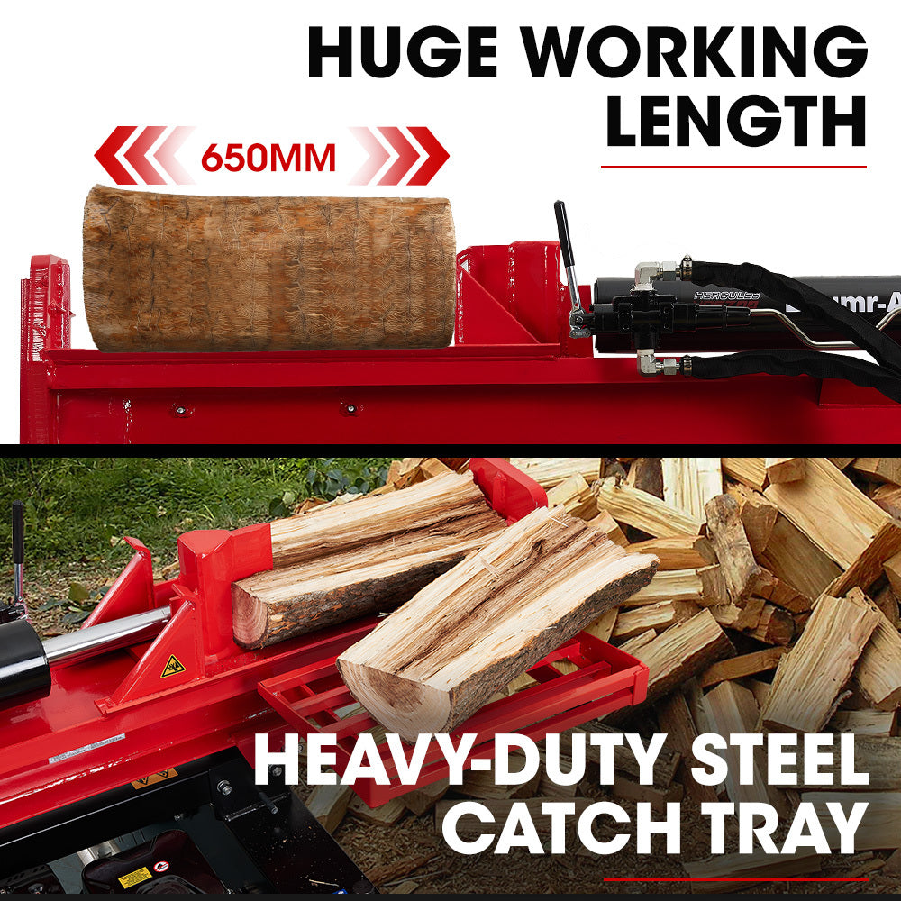 Image of a vertical hydraulic log splitter, the Baumr-AG 40 Tonne Petrol Hydraulic Horizontal and Vertical Towed Wood Log Splitter - HPS700. The machine is primarily red and black with a prominent hydraulic cylinder and a protective cage. Featuring a 40-tonne RAM splitting force, it has two wheels and a hitch for towing. Designed to split logs efficiently for firewood or other uses.