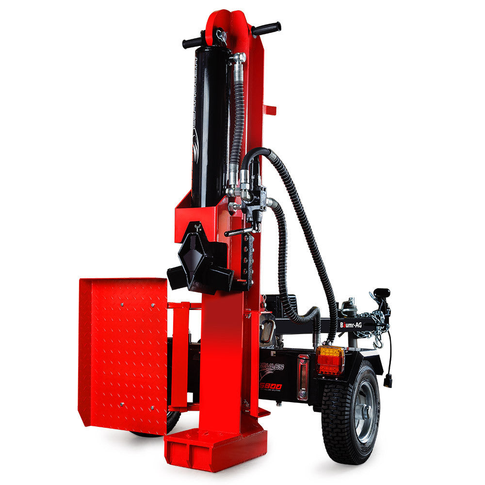 The Baumr-AG 65 Tonne Petrol Hydraulic Wood Horizontal and Vertical Towed Log Splitter with Detachable 4-Way Wedge - HPS800 is a heavy-duty log splitter with a striking red body and powerful hydraulic system. It features wheels for mobility and a black control lever. The prominent splitting wedge and 65 Ton Log Splitter hydraulic cylinder ensure efficient log splitting.