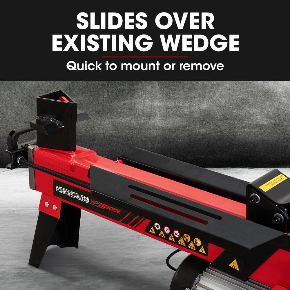 Image of a black metal, high-strength Baumr-AG 4 Way Wood Log Splitting Wedge for 8 & 9 Tonne Electric Log Splitters designed for log splitting. The wedge has a pointed, triangular base and two flat, angled wings on either side to help split wood more efficiently. The surface is smooth and sturdy, indicating durable construction.