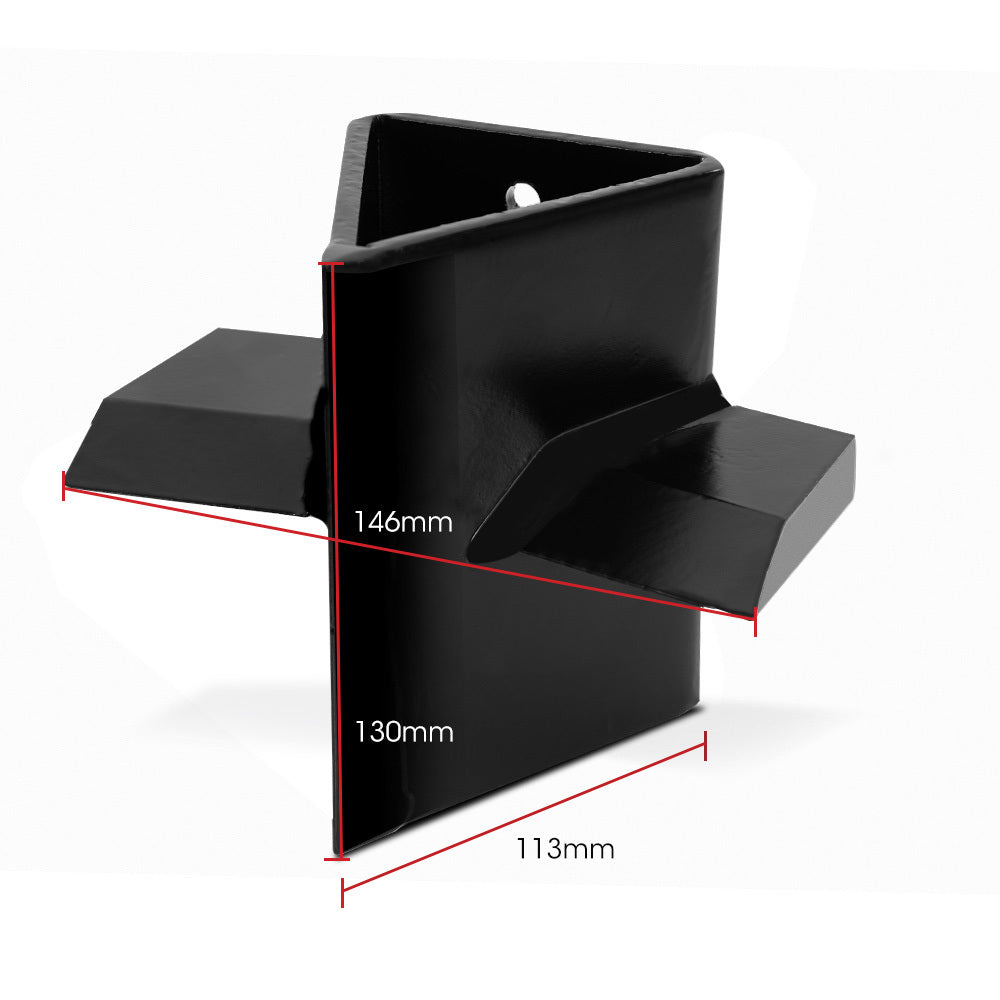 Image of a black metal, high-strength Baumr-AG 4 Way Wood Log Splitting Wedge for 8 & 9 Tonne Electric Log Splitters designed for log splitting. The wedge has a pointed, triangular base and two flat, angled wings on either side to help split wood more efficiently. The surface is smooth and sturdy, indicating durable construction.