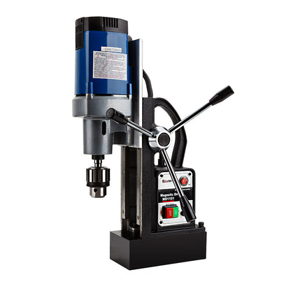 A blue and silver magnetic drill press with a black base, featuring an adjustable handle on the right side and labeled start/stop control buttons upfront. The drill bit is visible below the motor, which sports a Baumr-AG 240v Commercial Magnetic Drill Electric Electro-Mag Base Chuck Power label. This model is perfect for those seeking heavy-duty industrial tools.