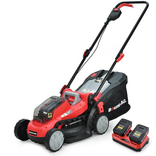 A red and black BAUMR-AG 40V Electric Cordless Lawn Mower Kit Battery Powered w/ 2x 2.0Ah Lithium Batteries with a push handle, large back wheels, and smaller front wheels. The brand name "Baum AG" is visible on the grass collection bag. Two rechargeable batteries and a dual battery charger are placed next to the lawnmower.