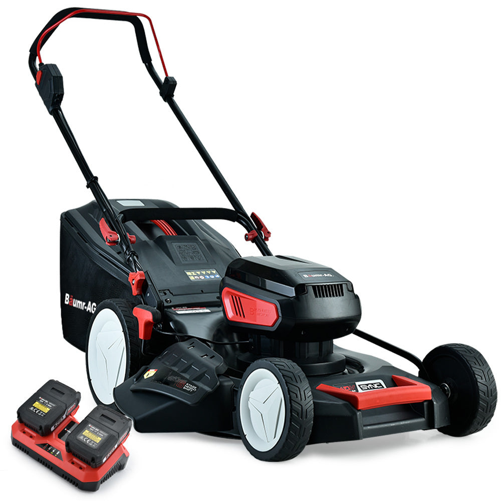 A modern, black and red BAUMR-AG 19 Inch Electric Cordless Lawn Mower Kit Battery Powered w/ 2x 4.0Ah Lithium Batteries with a detachable rear grass bag is displayed. It features a sleek design, a sturdy handle, and a brushless motor for efficient performance. Nearby are two rechargeable battery packs and a charger, highlighting the mower's cordless lithium functionality.