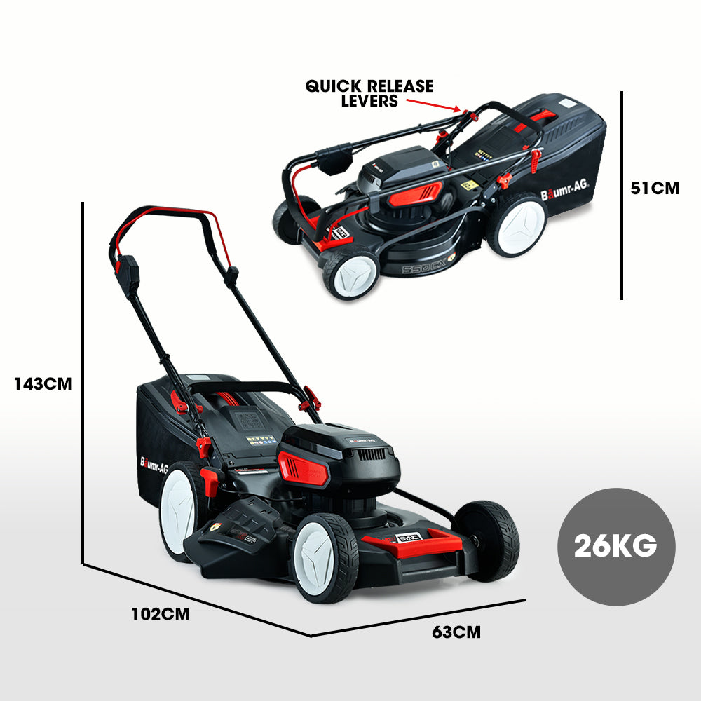 A modern, black and red BAUMR-AG 19 Inch Electric Cordless Lawn Mower Kit Battery Powered w/ 2x 4.0Ah Lithium Batteries with a detachable rear grass bag is displayed. It features a sleek design, a sturdy handle, and a brushless motor for efficient performance. Nearby are two rechargeable battery packs and a charger, highlighting the mower's cordless lithium functionality.