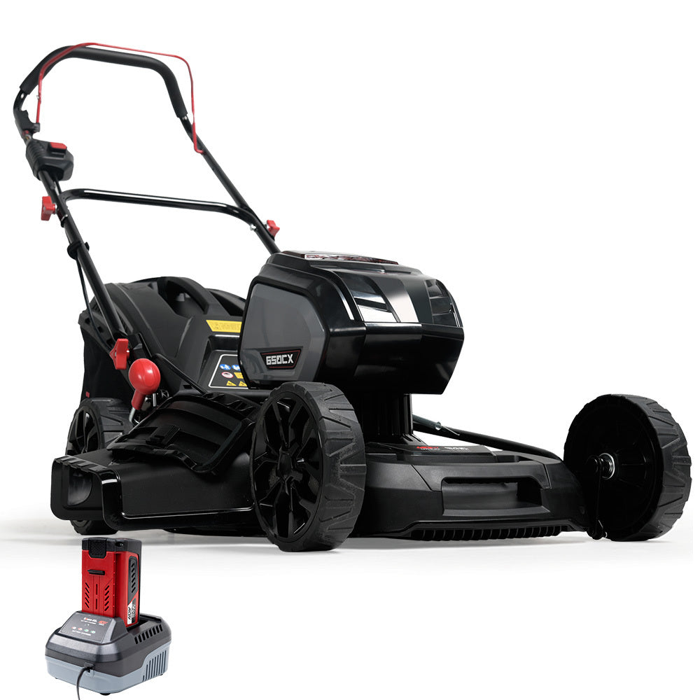 A black and red BAUMR-AG 19 Inch Lawn Mower Cordless Electric Lawnmower Kit 56V Lithium Battery Fast Charger is shown with a charging station in the foreground. The lawnmower features a sturdy design with large wheels, a grass catcher at the back, and an adjustable handle. Its brushless motor ensures efficient performance. The charging station is small and compact.