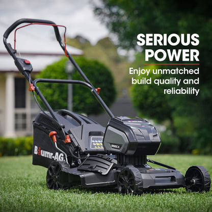 A black and red BAUMR-AG 19 Inch Lawn Mower Cordless Electric Lawnmower Kit 56V Lithium Battery Fast Charger is shown with a charging station in the foreground. The lawnmower features a sturdy design with large wheels, a grass catcher at the back, and an adjustable handle. Its brushless motor ensures efficient performance. The charging station is small and compact.