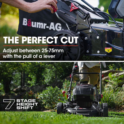 A black and red BAUMR-AG 19 Inch Lawn Mower Cordless Electric Lawnmower Kit 56V Lithium Battery Fast Charger is shown with a charging station in the foreground. The lawnmower features a sturdy design with large wheels, a grass catcher at the back, and an adjustable handle. Its brushless motor ensures efficient performance. The charging station is small and compact.