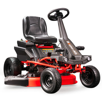 An image of a sleek black and red electric lawn tractor with a visible steering wheel, comfortable seat, and large wheels. The modern design showcases the brand name "BAUMR-AG 30 Inch 48V Electric Ride On Lawn Mower Brushless Lawnmower 30" - 300RX" on the front. The cutting deck is prominently featured underneath, ensuring zero emissions while maintaining top-notch performance.