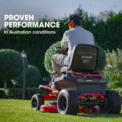 An image of a sleek black and red electric lawn tractor with a visible steering wheel, comfortable seat, and large wheels. The modern design showcases the brand name "BAUMR-AG 30 Inch 48V Electric Ride On Lawn Mower Brushless Lawnmower 30" - 300RX" on the front. The cutting deck is prominently featured underneath, ensuring zero emissions while maintaining top-notch performance.