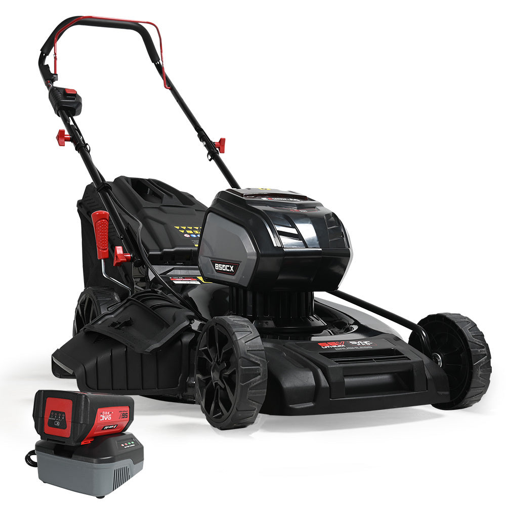 A black and red BAUMR-AG 22 Inch Lawn Mower Cordless Electric Lawnmower Kit 56V Lithium Battery Fast Charger is shown. It features a large rear grass collection bag and a control panel on the handle. Next to it is a matching lithium battery pack and charger. The mower has a modern design with large, sturdy wheels.