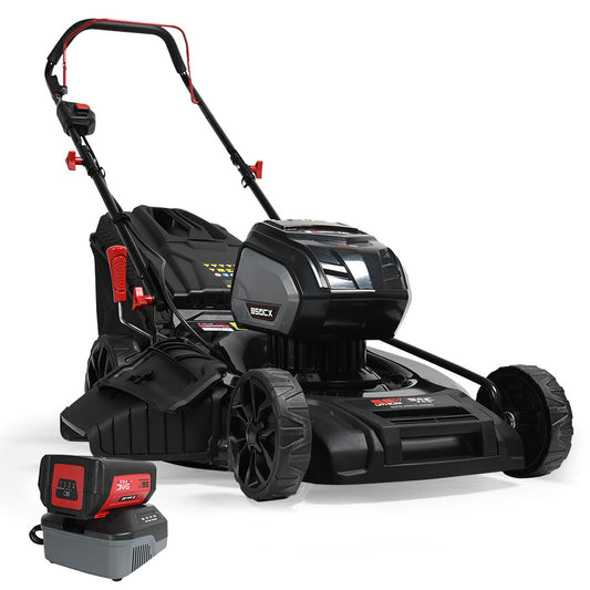 A black and red BAUMR-AG 22 Inch Lawn Mower Cordless Electric Lawnmower Kit 56V Lithium Battery Fast Charger is shown. It features a large rear grass collection bag and a control panel on the handle. Next to it is a matching lithium battery pack and charger. The mower has a modern design with large, sturdy wheels.