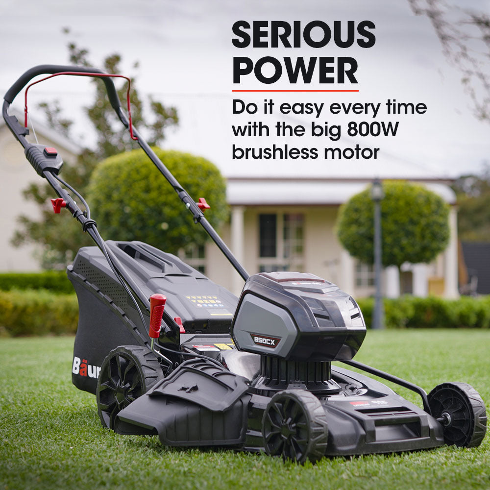 A black and red BAUMR-AG 22 Inch Lawn Mower Cordless Electric Lawnmower Kit 56V Lithium Battery Fast Charger is shown. It features a large rear grass collection bag and a control panel on the handle. Next to it is a matching lithium battery pack and charger. The mower has a modern design with large, sturdy wheels.