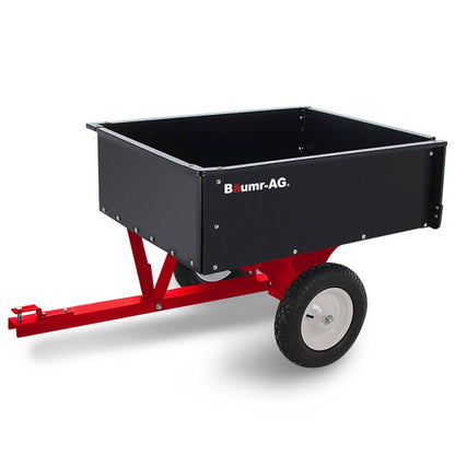 A sturdy BAUMR-AG 270kg Capacity Metal Dump Cart, for Ride on Mower with a black, rectangular open-top container on top of a red frame. It features a handle and two large wheels with white rims, offering heavy-duty gardening equipment for garden or yard work with a 270kg material capacity.