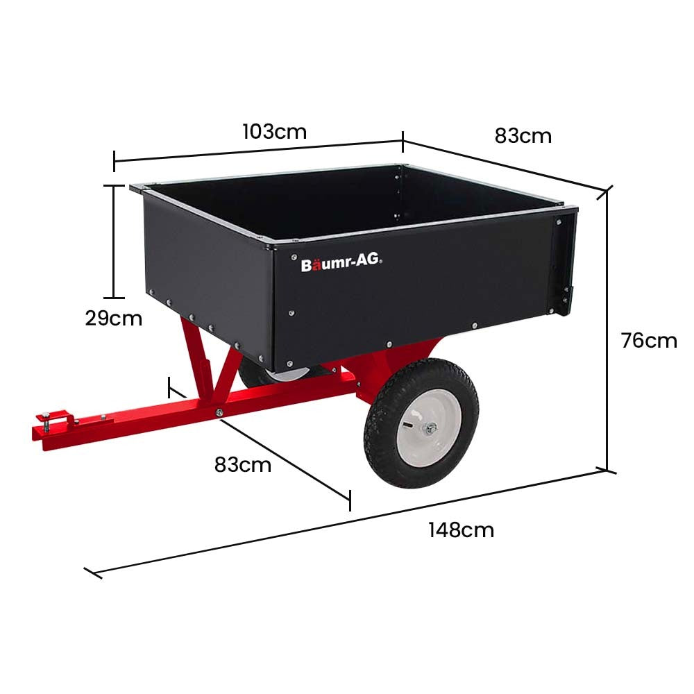 A sturdy BAUMR-AG 270kg Capacity Metal Dump Cart, for Ride on Mower with a black, rectangular open-top container on top of a red frame. It features a handle and two large wheels with white rims, offering heavy-duty gardening equipment for garden or yard work with a 270kg material capacity.