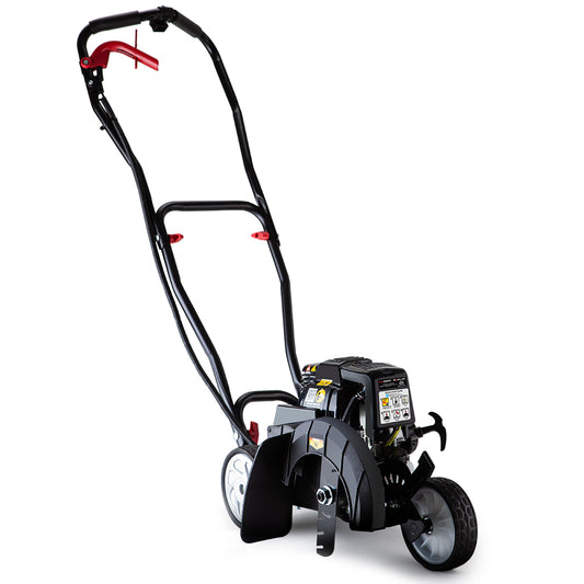 A black Baumr-AG 31CC Lawn Edger Petrol 4 Stroke Garden Grass Weed Trimmer Blade Cutting features a 31cc engine, handlebar, adjustable depth control, and two wheels. The edger includes a pull-start mechanism with various control levers. Its blade is partially covered by a protective guard with visible labels and instructions on the main body.