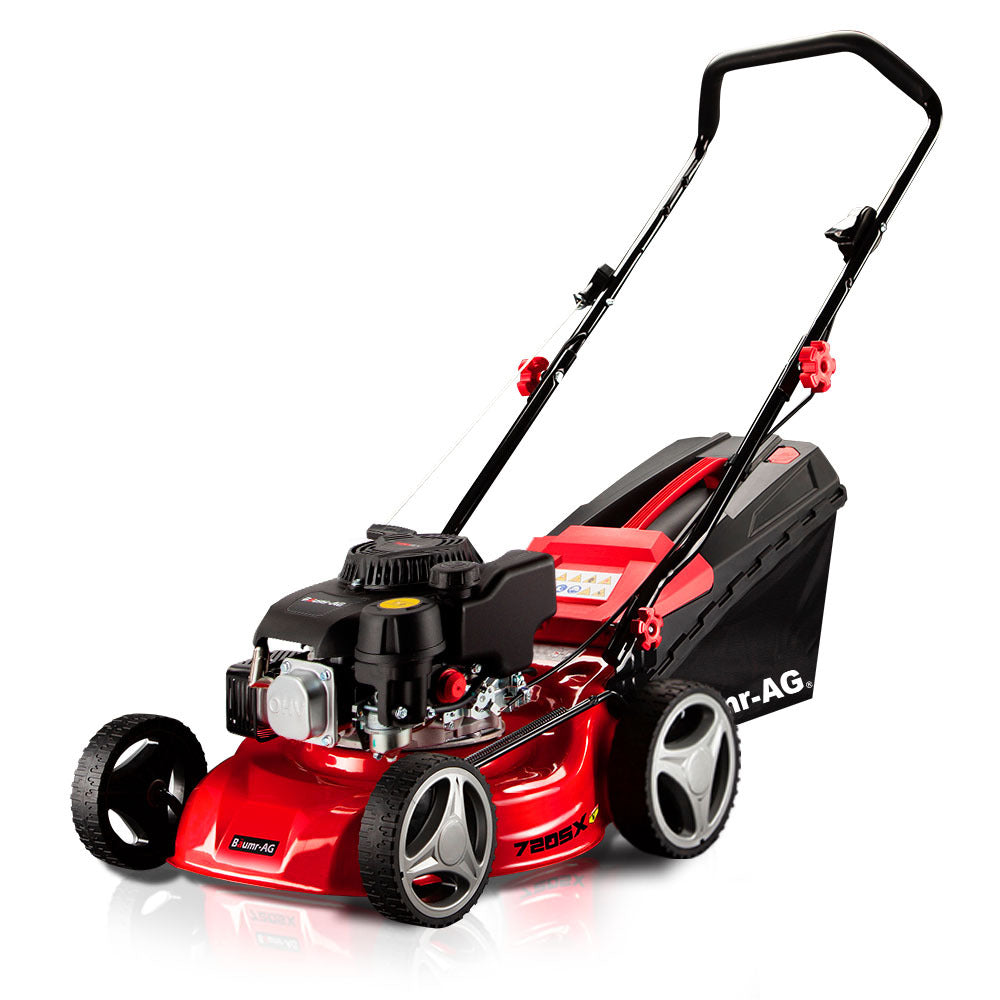 A red and black Baumr-AG Lawn Mower 139CC 17 Petrol Push Lawnmower 4-Stroke Engine Catch with four wheels, a black handle, and a grass collection bag attached at the back. The Baumr-AG 720SX boasts a 139cc engine mounted on its deck, with the brand name "AG" visible on the side.