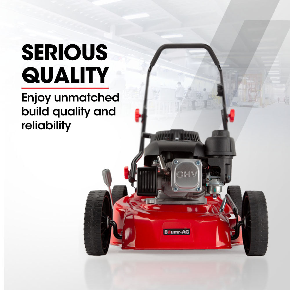 A red and black Baumr-AG Lawn Mower 139CC 17 Petrol Push Lawnmower 4-Stroke Engine Catch with four wheels, a black handle, and a grass collection bag attached at the back. The Baumr-AG 720SX boasts a 139cc engine mounted on its deck, with the brand name "AG" visible on the side.