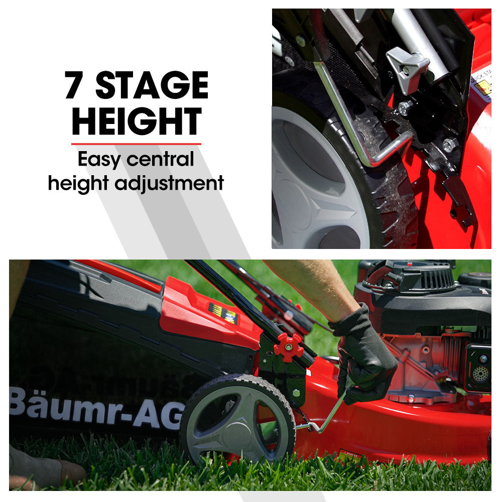 A red and black Baumr-AG Lawn Mower 139CC 17 Petrol Push Lawnmower 4-Stroke Engine Catch with four wheels, a black handle, and a grass collection bag attached at the back. The Baumr-AG 720SX boasts a 139cc engine mounted on its deck, with the brand name "AG" visible on the side.