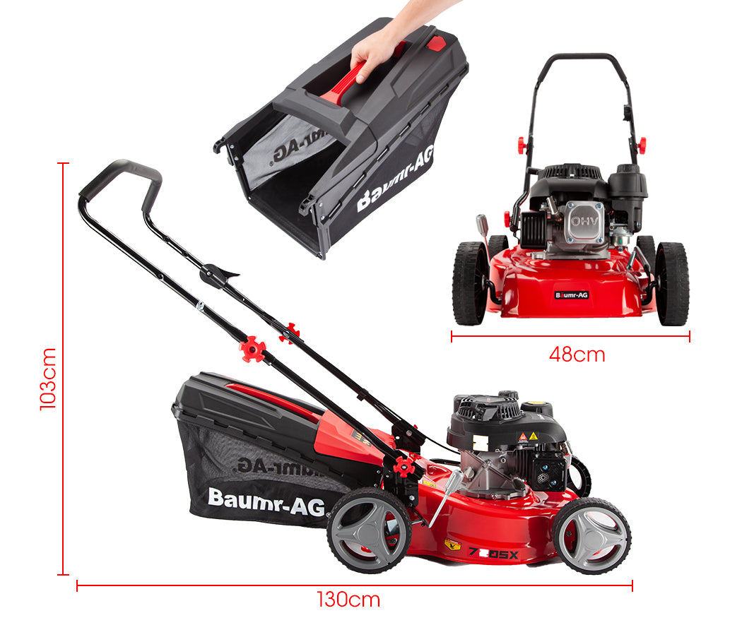 A red and black Baumr-AG Lawn Mower 139CC 17 Petrol Push Lawnmower 4-Stroke Engine Catch with four wheels, a black handle, and a grass collection bag attached at the back. The Baumr-AG 720SX boasts a 139cc engine mounted on its deck, with the brand name "AG" visible on the side.