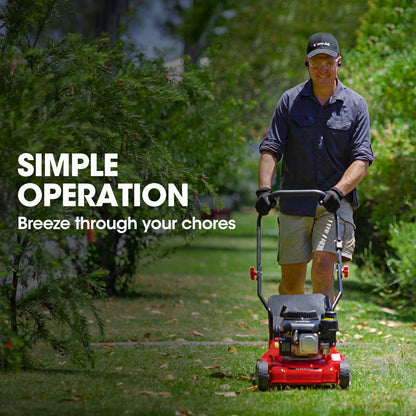 A red and black Baumr-AG 139cc Lawn Mower 4-Stroke 16 Inch Petrol Lawnmower Hand Push Engine 35L Catcher with a 139cc engine, perfect for grass cutting. Its sturdy frame, adjustable handle, and large rear bag for grass collection make it highly efficient. The model name "660EX Series II" is proudly displayed on the side.