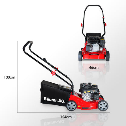 A red and black Baumr-AG 139cc Lawn Mower 4-Stroke 16 Inch Petrol Lawnmower Hand Push Engine 35L Catcher with a 139cc engine, perfect for grass cutting. Its sturdy frame, adjustable handle, and large rear bag for grass collection make it highly efficient. The model name "660EX Series II" is proudly displayed on the side.