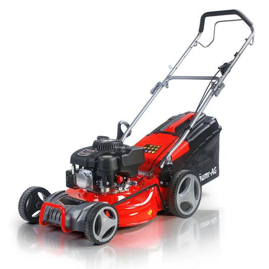 A red and black Baumr-AG Lawn Mower 18 175cc Petrol Self-Propelled Push Lawnmower 4-Stroke with a push handle and four gray wheels. Boasting a 175cc engine featuring advanced four-stroke OHV technology, it has an engine on top and is equipped with a grass-catching bag at the rear. The brand "Fuxin-AG" is visible on the side of the bag.