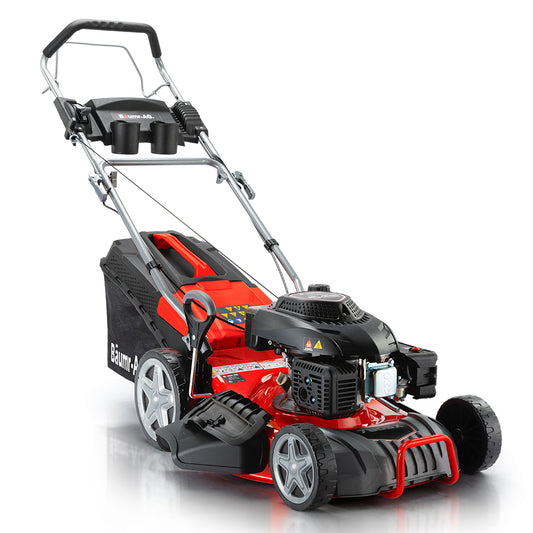 A red and black gas-powered Baumr-AG Lawn Mower 18 220cc Petrol Self-Propelled Push Lawnmower 4-Stroke with advanced four-stroke OHV technology features four wheels, a grass collection bag at the rear, and a push handle. The robust engine and 4-in-1 functionality make it stand out, with the brand name visible on the side of the grass collection bag.