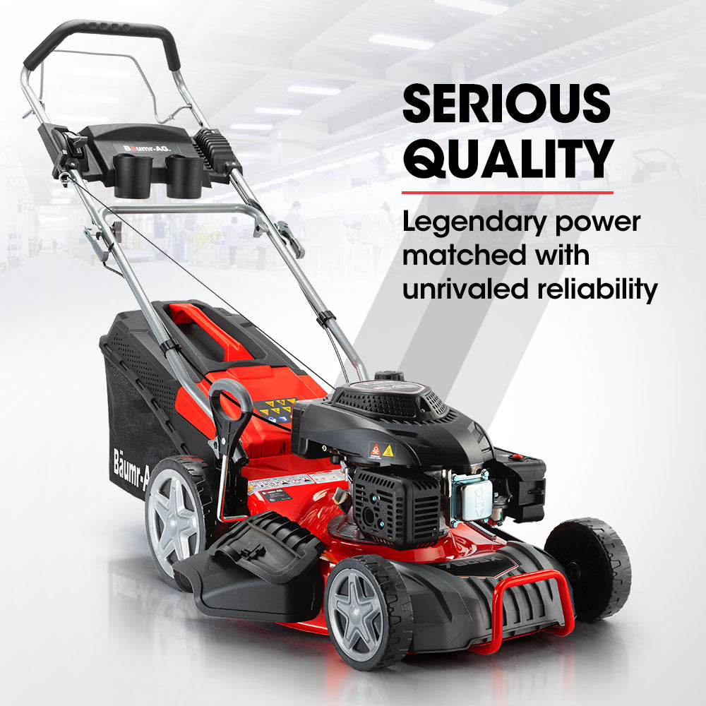 A red and black gas-powered Baumr-AG Lawn Mower 18 220cc Petrol Self-Propelled Push Lawnmower 4-Stroke with advanced four-stroke OHV technology features four wheels, a grass collection bag at the rear, and a push handle. The robust engine and 4-in-1 functionality make it stand out, with the brand name visible on the side of the grass collection bag.