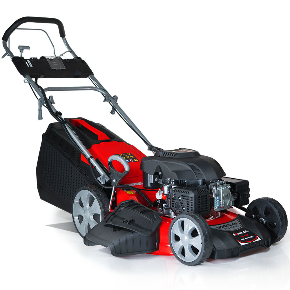 A Baumr-AG 248cc Lawn Mower 4-Stroke 21 Inch Petrol Lawnmower 4-in-1 Self-Propelled Electric Start with a grass collection bag attached at the rear. The mower sports a sturdy handle with control levers and large wheels for easy maneuverability. The cutting blade and engine are prominently visible at the front.