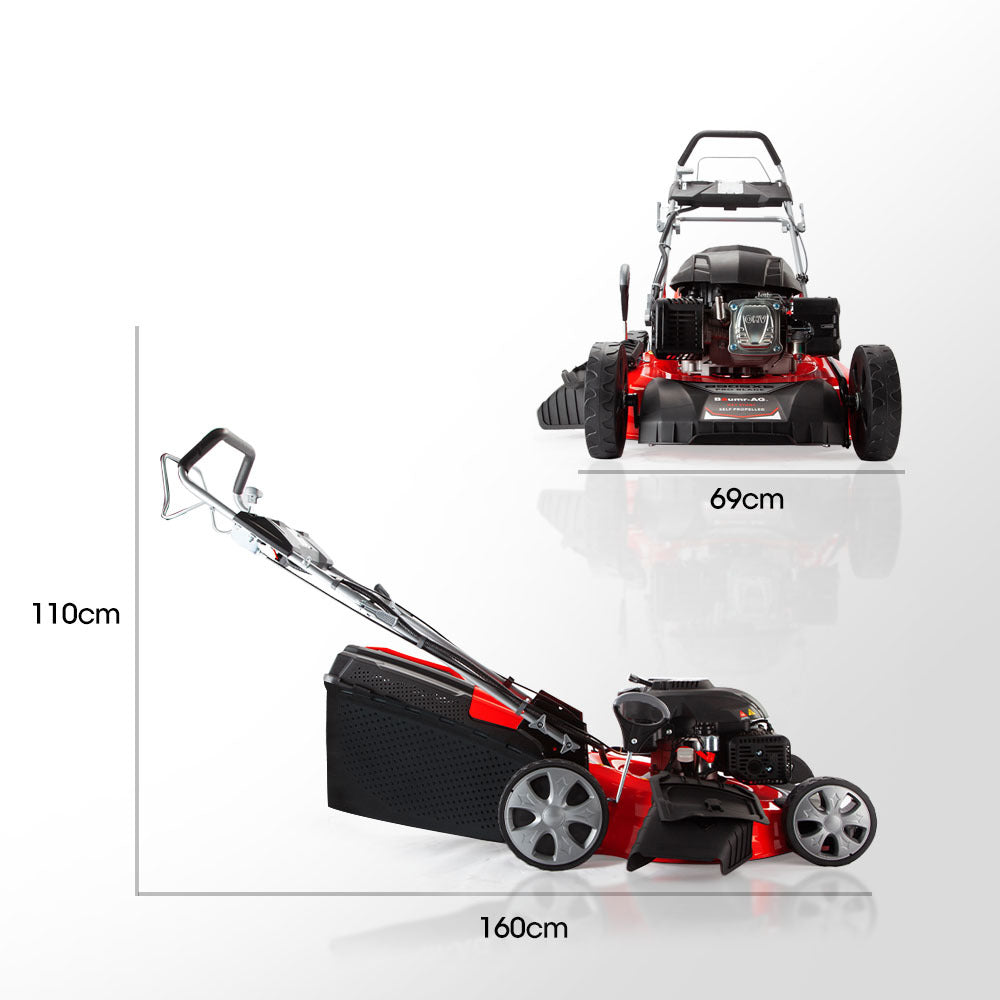 A Baumr-AG 248cc Lawn Mower 4-Stroke 21 Inch Petrol Lawnmower 4-in-1 Self-Propelled Electric Start with a grass collection bag attached at the rear. The mower sports a sturdy handle with control levers and large wheels for easy maneuverability. The cutting blade and engine are prominently visible at the front.