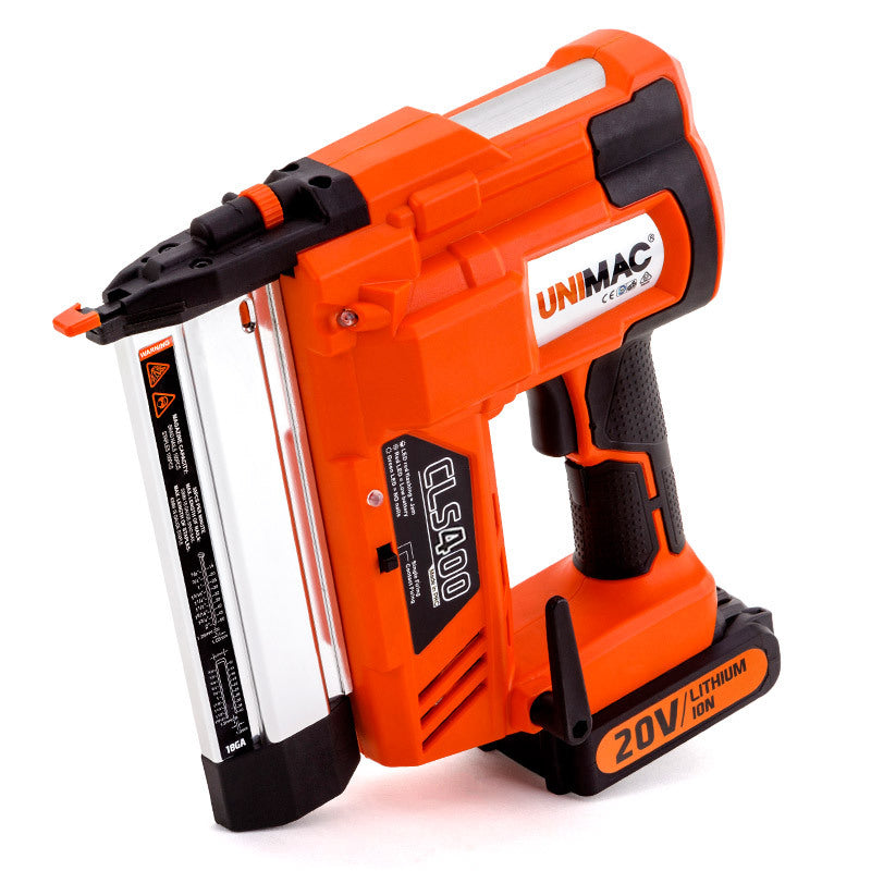 An orange and black UNIMAC Finish Nailer 20V Lithium 16ga Brad Nailer Cordless Nail Gun, powered by a 20V lithium-ion battery. This cordless tool features a handle with a rubber grip, a magazine for 16 gauge finish nails, and safety warnings on the side. The brand name and model number are prominently displayed.