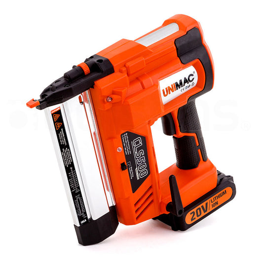 An orange and black UNIMAC Brad Nailer Staple Gun Cordless 2-in-1 Lithium 20V Nail Gun 18ga Nails with a model number CLS500. This cordless tool features a 20V lithium-ion battery, a visible nail cartridge, ergonomic grips, and various warning labels on its side—ideal for fastening applications.