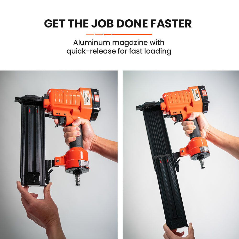 An orange and black air nail gun branded "UNIMAC Air Compressor Powered Nail Gun Concrete T-Nailer Pneumatic Heavy-Duty" model CB300 is shown against a white background. This heavy-duty nailer features a cylindrical body, a rubberized grip handle, and a black magazine at the base for holding nails.