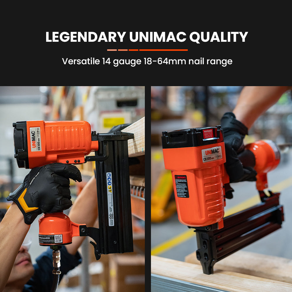 An orange and black air nail gun branded "UNIMAC Air Compressor Powered Nail Gun Concrete T-Nailer Pneumatic Heavy-Duty" model CB300 is shown against a white background. This heavy-duty nailer features a cylindrical body, a rubberized grip handle, and a black magazine at the base for holding nails.