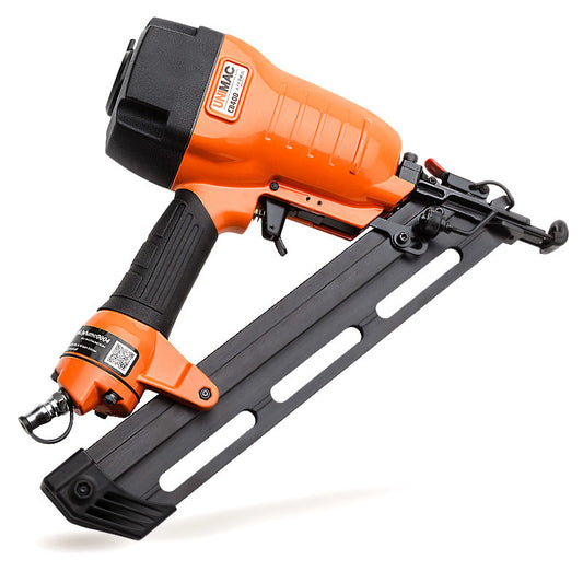 A bright orange 15 gauge UNIMAC Finishing Air Nail Gun - Heavy Duty Angled Nailer Pneumatic Finish with a black handle and a long quick-load magazine. The tool's body features ergonomic grips and a visible brand label. The nail gun is positioned against a plain white background.